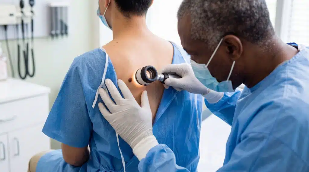 Médico negro com avental cirúrgico azul e luvas brancas examina pinta nas costas de paciente branco ao investigar câncer de pele
