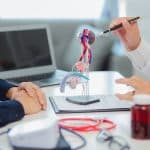 Médico explica o sistema reprodutor masculino com modelo anatômico durante consulta sobre infertilidade masculina.