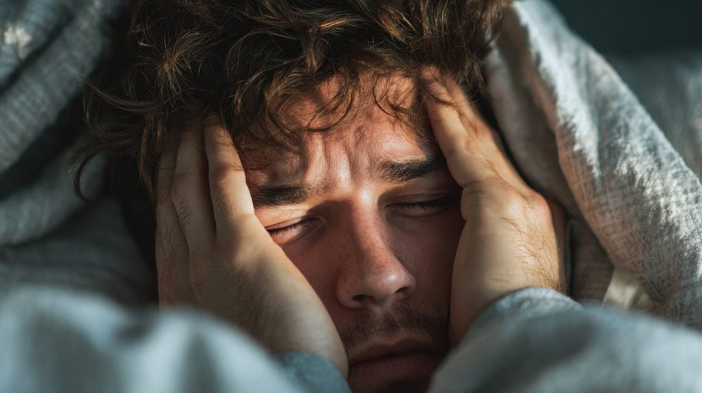 Homem com expressão de sonolência e olhos fechados, segurando a cabeça, ilustrando o efeito de sono causado por antialérgico no organismo.