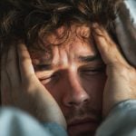 Homem com expressão de sonolência e olhos fechados, segurando a cabeça, ilustrando o efeito de sono causado por antialérgico no organismo.