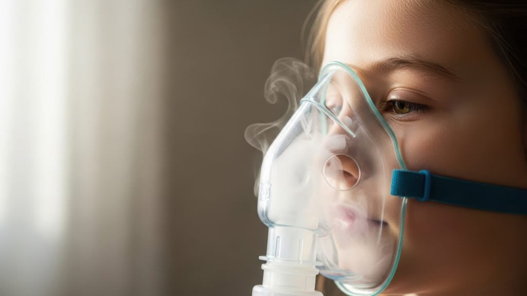 Criança utilizando máscara de nebulização, procedimento que ajuda a aliviar sintomas respiratórios e facilitar a respiração em casos de doenças das vias aéreas.