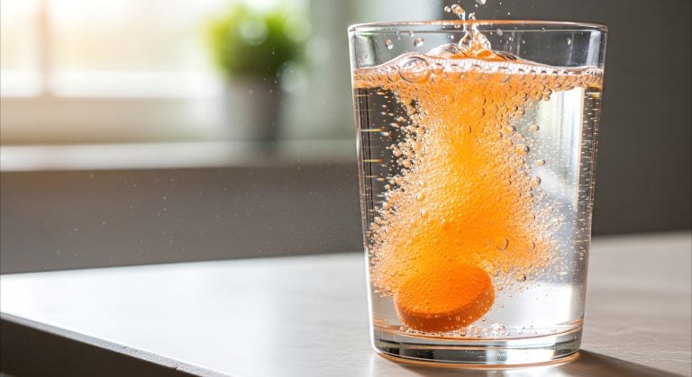 Comprimido efervescente de Vitamina C dissolvendo-se em um copo de água, liberando bolhas, ilustrando o uso do suplemento durante períodos de resfriado, gripe e baixa imunidade.