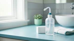 Frasco de soro fisiológico com aplicador nasal sobre bancada de banheiro, ilustrando o uso do soro fisiológico para higiene nasal, limpeza e hidratação das vias respiratórias.