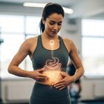 Mulher com representação do sistema digestivo sobre o abdômen, ilustrando a relação dos probióticos com a saúde e o equilíbrio intestinal.